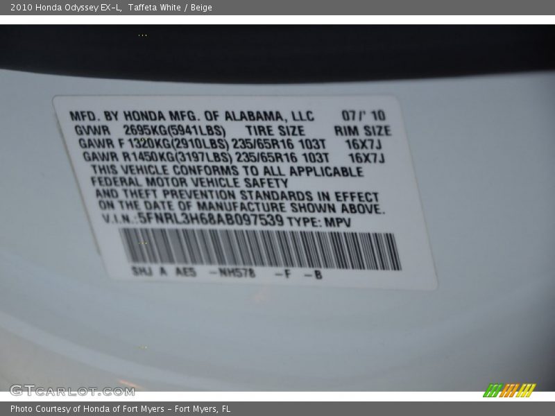 Taffeta White / Beige 2010 Honda Odyssey EX-L