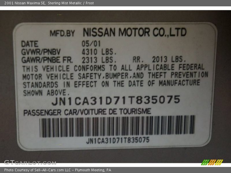 Sterling Mist Metallic / Frost 2001 Nissan Maxima SE