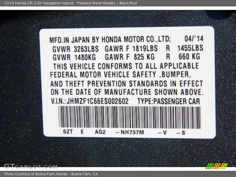 2014 CR-Z EX Navigation Hybrid Polished Metal Metallic Color Code NH737M