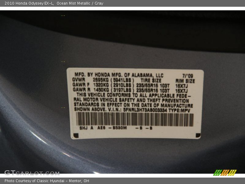 Ocean Mist Metallic / Gray 2010 Honda Odyssey EX-L