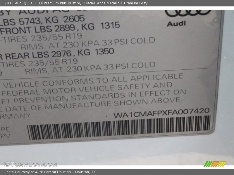 Glacier White Metallic / Titanium Gray 2015 Audi Q5 3.0 TDI Premium Plus quattro