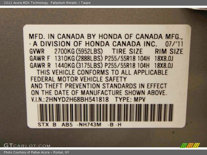 Palladium Metallic / Taupe 2011 Acura MDX Technology