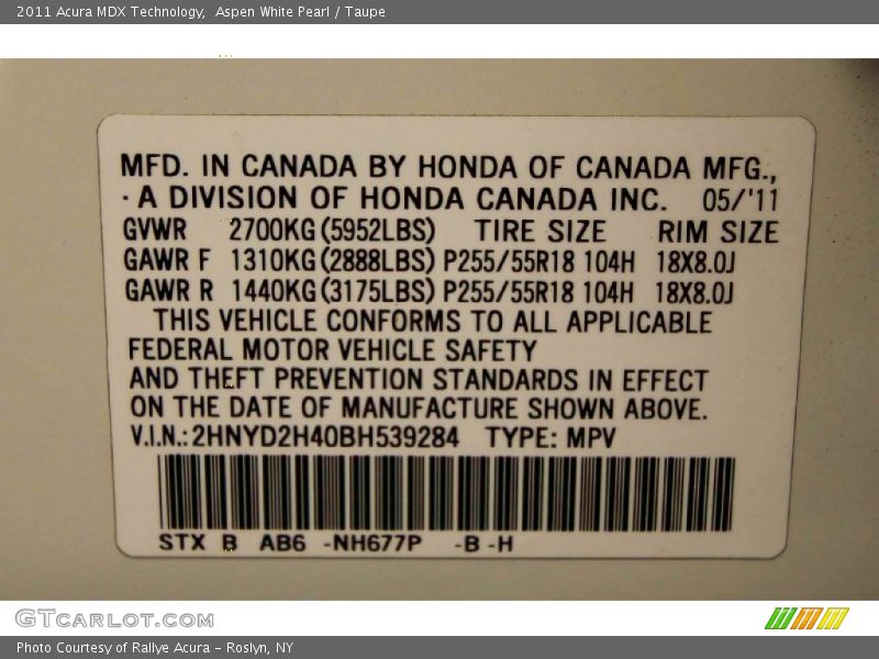Aspen White Pearl / Taupe 2011 Acura MDX Technology