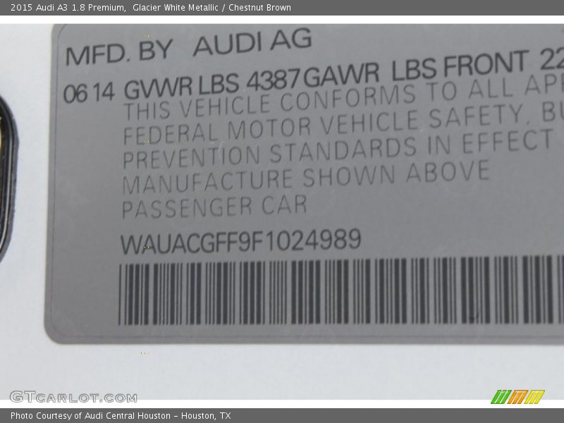 Glacier White Metallic / Chestnut Brown 2015 Audi A3 1.8 Premium