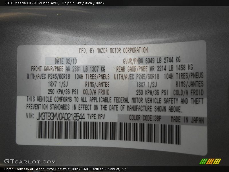 Dolphin Gray Mica / Black 2010 Mazda CX-9 Touring AWD