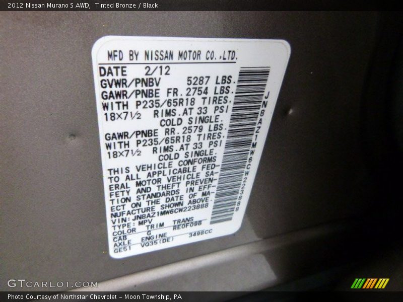 Tinted Bronze / Black 2012 Nissan Murano S AWD