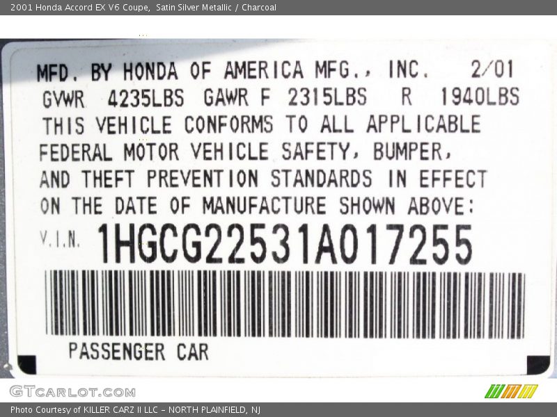 Satin Silver Metallic / Charcoal 2001 Honda Accord EX V6 Coupe
