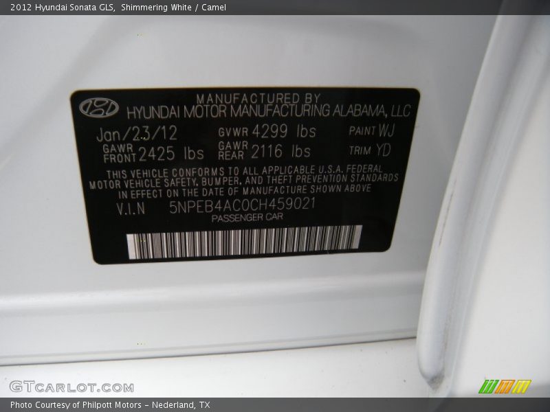 Shimmering White / Camel 2012 Hyundai Sonata GLS