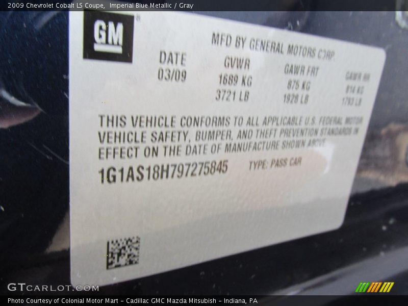 Imperial Blue Metallic / Gray 2009 Chevrolet Cobalt LS Coupe
