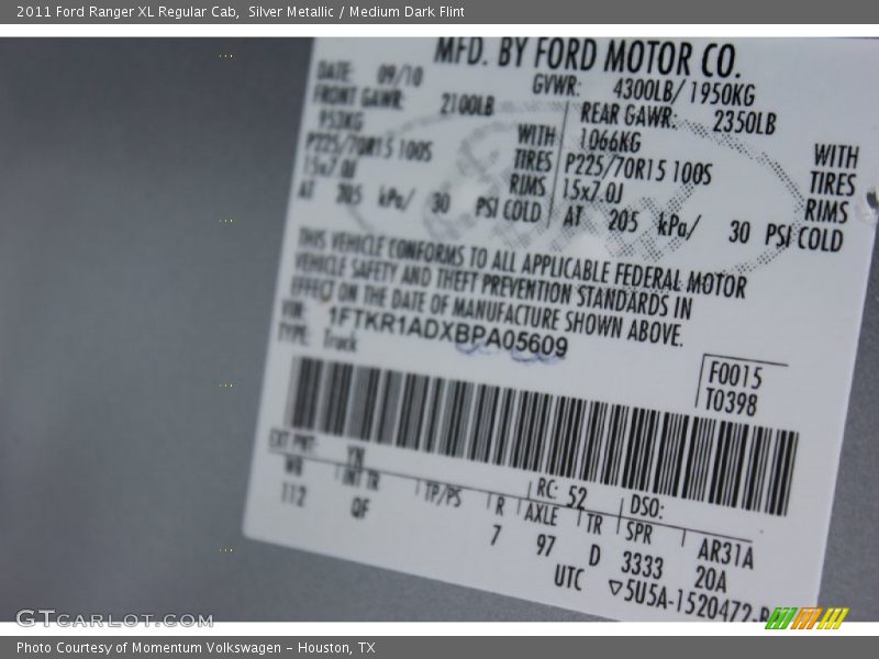 Silver Metallic / Medium Dark Flint 2011 Ford Ranger XL Regular Cab