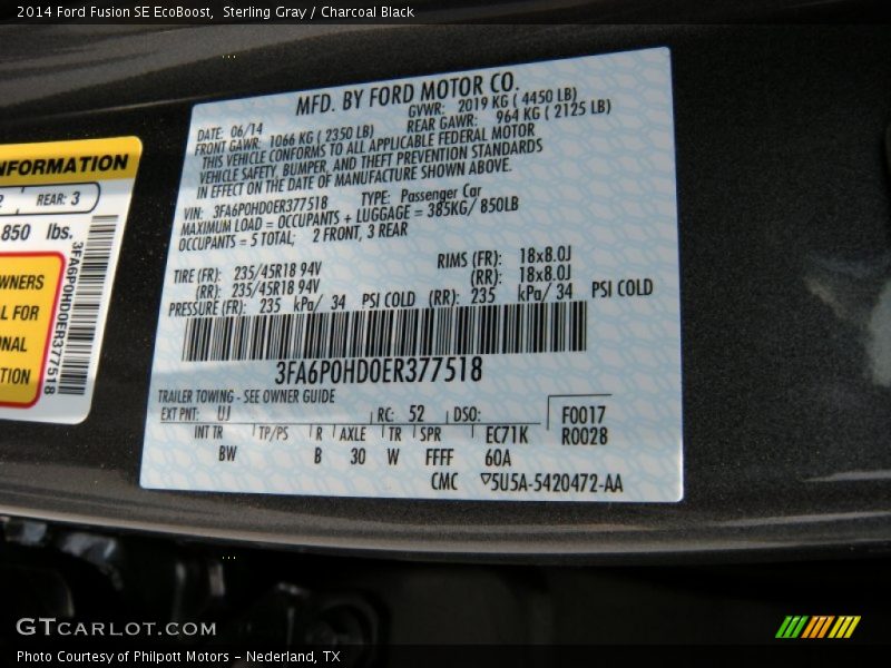 Sterling Gray / Charcoal Black 2014 Ford Fusion SE EcoBoost