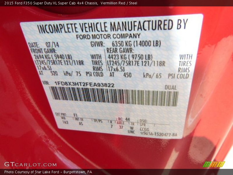 2015 F350 Super Duty XL Super Cab 4x4 Chassis Vermillion Red Color Code F1