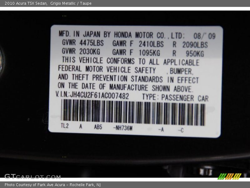 Grigio Metallic / Taupe 2010 Acura TSX Sedan