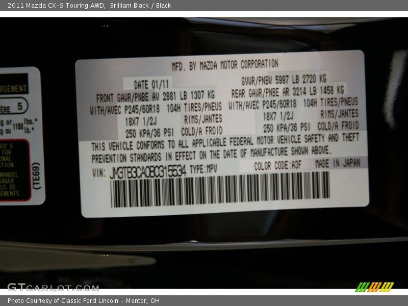 Brilliant Black / Black 2011 Mazda CX-9 Touring AWD