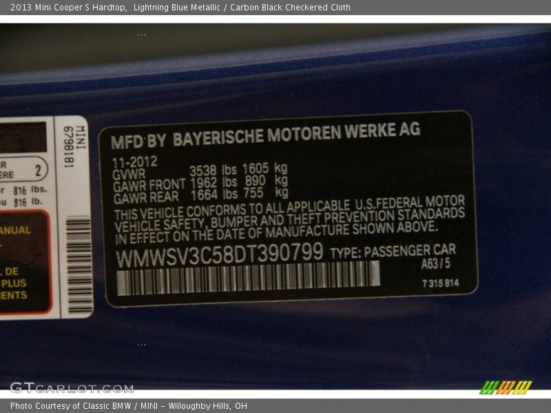 Lightning Blue Metallic / Carbon Black Checkered Cloth 2013 Mini Cooper S Hardtop