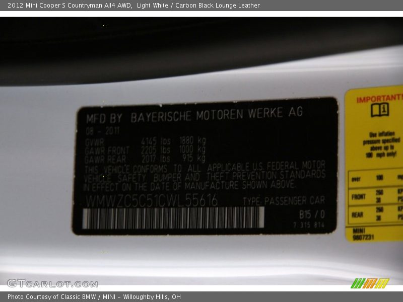 Light White / Carbon Black Lounge Leather 2012 Mini Cooper S Countryman All4 AWD