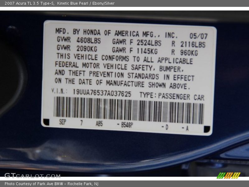 Kinetic Blue Pearl / Ebony/Silver 2007 Acura TL 3.5 Type-S