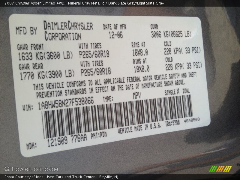 Mineral Gray Metallic / Dark Slate Gray/Light Slate Gray 2007 Chrysler Aspen Limited 4WD