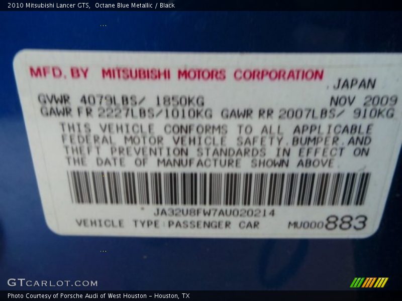 Octane Blue Metallic / Black 2010 Mitsubishi Lancer GTS