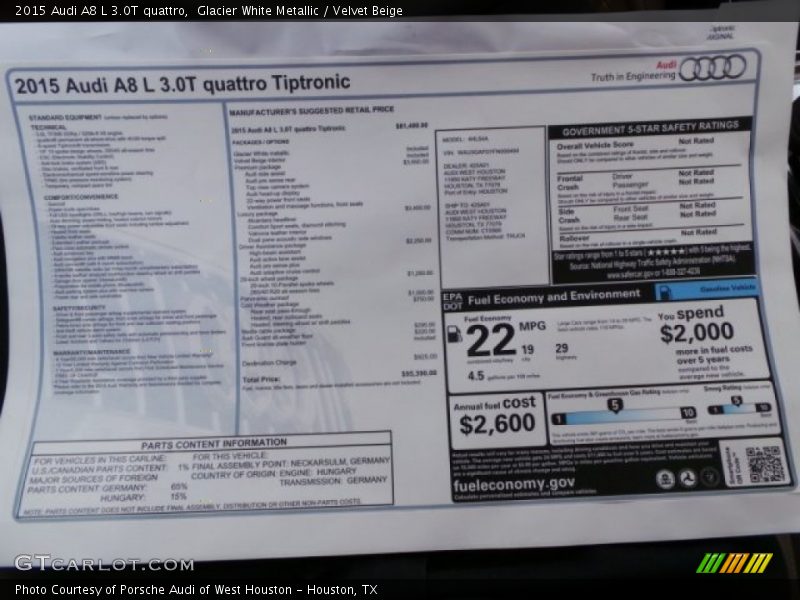 Glacier White Metallic / Velvet Beige 2015 Audi A8 L 3.0T quattro