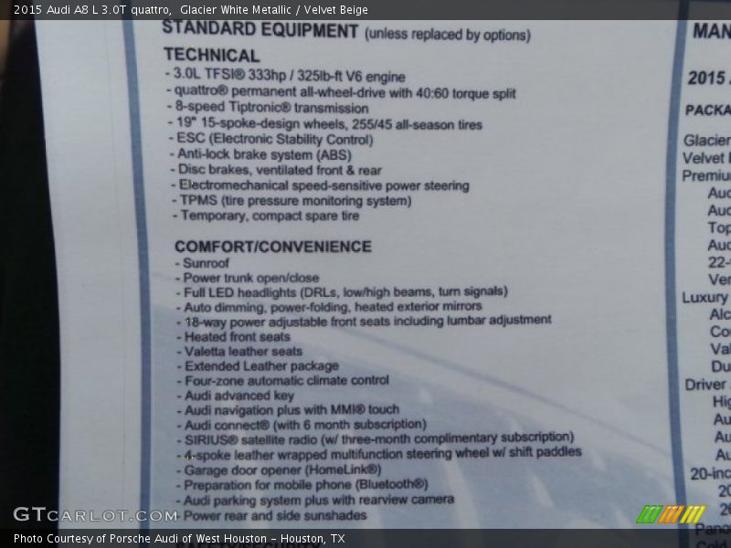 Glacier White Metallic / Velvet Beige 2015 Audi A8 L 3.0T quattro