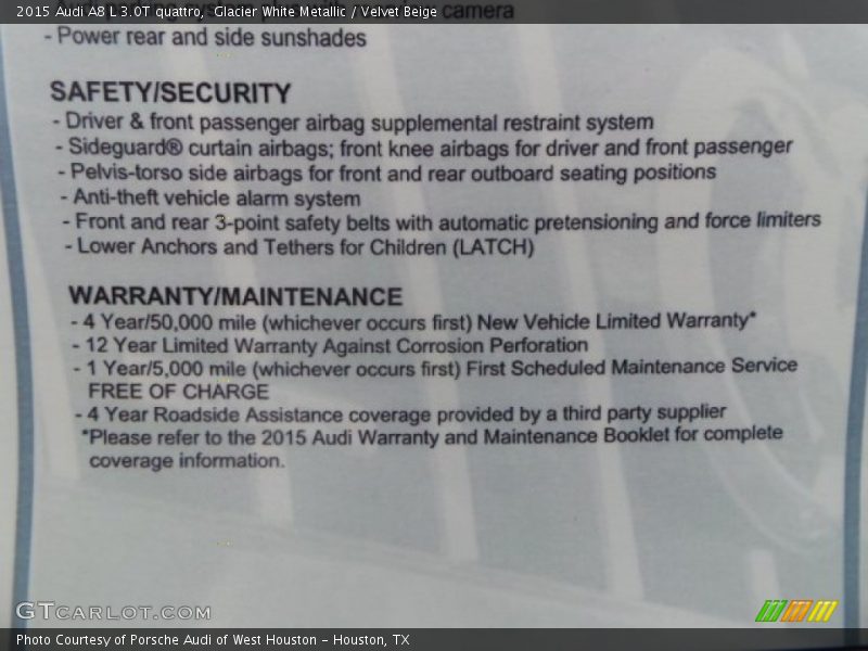 Glacier White Metallic / Velvet Beige 2015 Audi A8 L 3.0T quattro