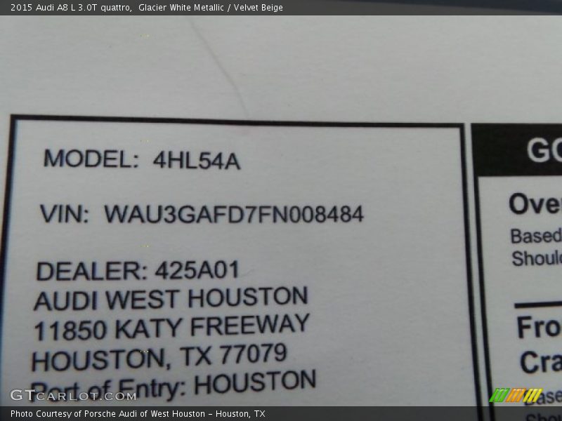 Glacier White Metallic / Velvet Beige 2015 Audi A8 L 3.0T quattro