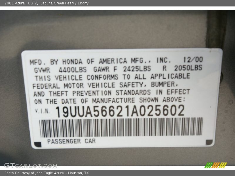 Laguna Green Pearl / Ebony 2001 Acura TL 3.2