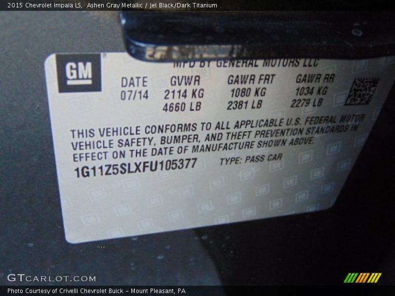 Ashen Gray Metallic / Jet Black/Dark Titanium 2015 Chevrolet Impala LS