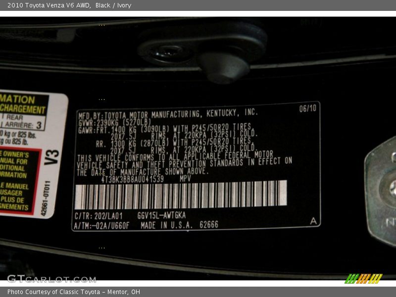 2010 Venza V6 AWD Black Color Code 202