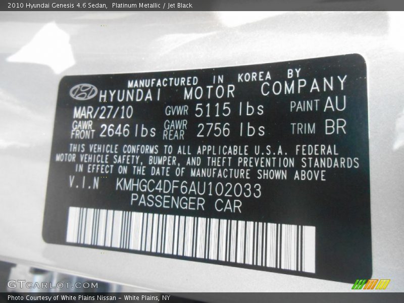 Platinum Metallic / Jet Black 2010 Hyundai Genesis 4.6 Sedan