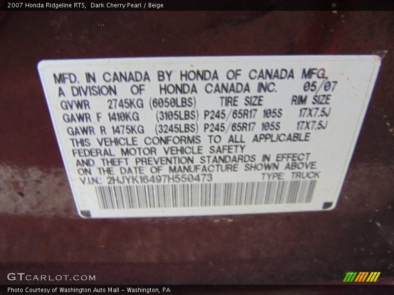 Dark Cherry Pearl / Beige 2007 Honda Ridgeline RTS