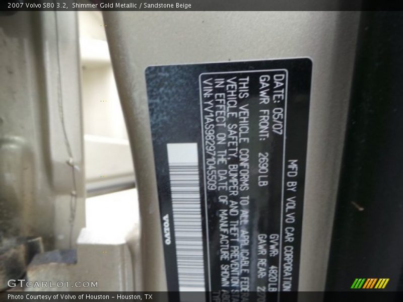 Shimmer Gold Metallic / Sandstone Beige 2007 Volvo S80 3.2