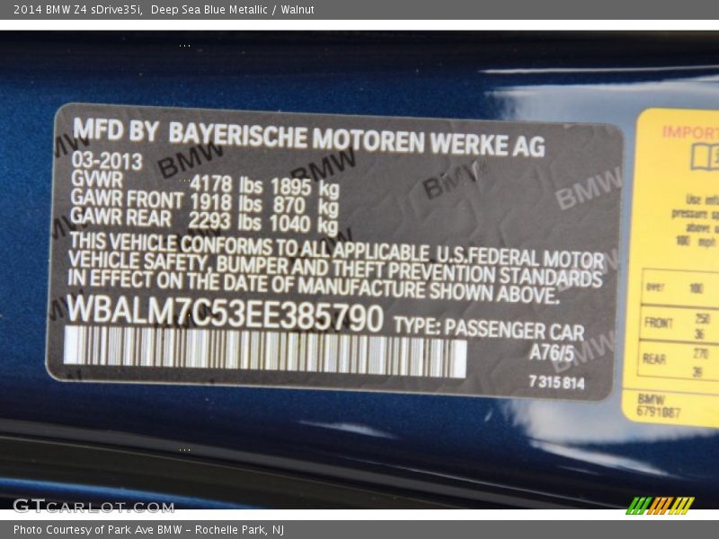 2014 Z4 sDrive35i Deep Sea Blue Metallic Color Code A76