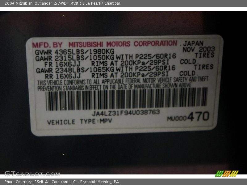 Mystic Blue Pearl / Charcoal 2004 Mitsubishi Outlander LS AWD