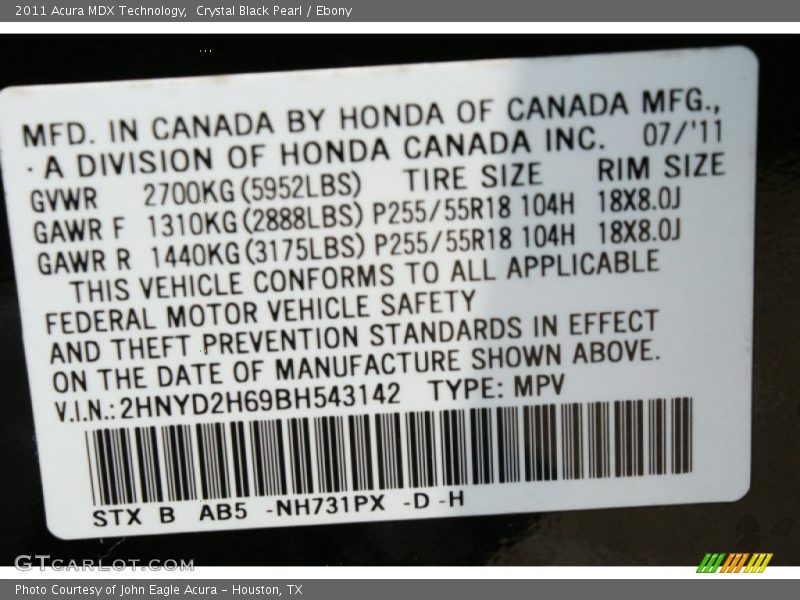 Crystal Black Pearl / Ebony 2011 Acura MDX Technology