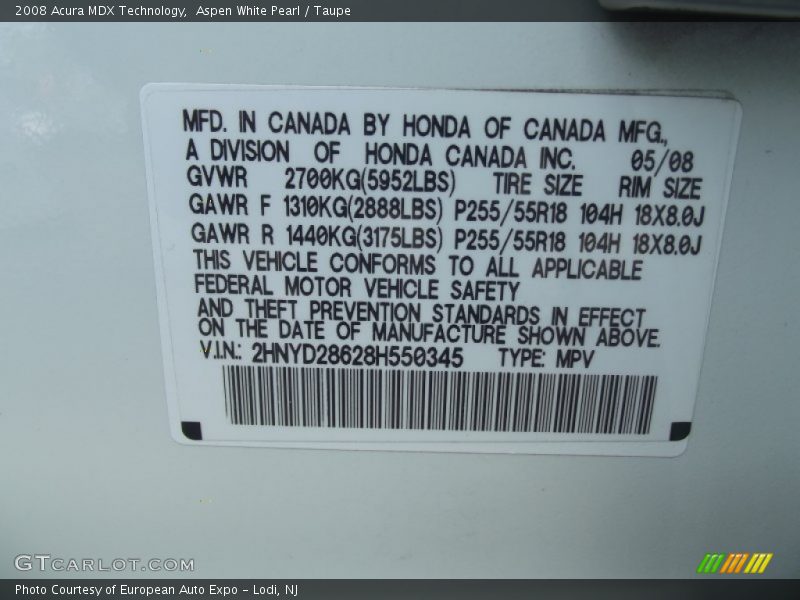 Aspen White Pearl / Taupe 2008 Acura MDX Technology