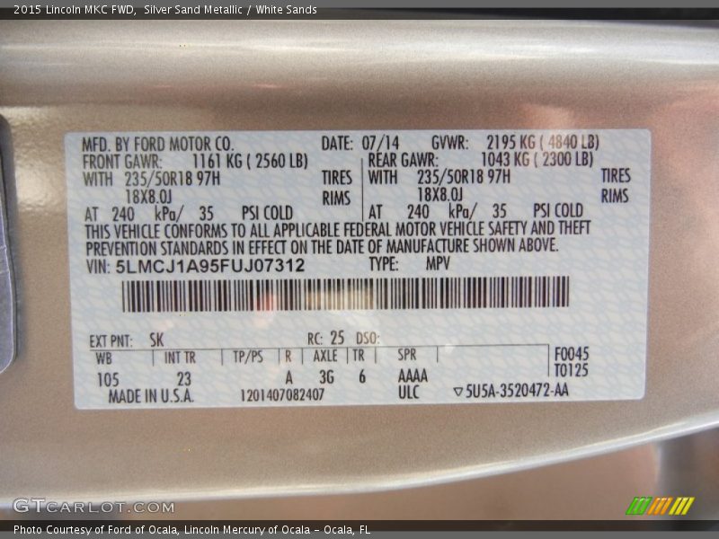 2015 MKC FWD Silver Sand Metallic Color Code SK