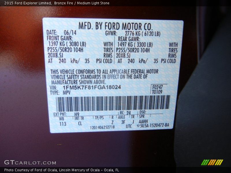 Bronze Fire / Medium Light Stone 2015 Ford Explorer Limited