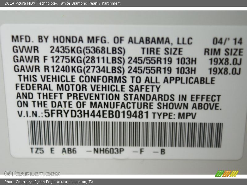White Diamond Pearl / Parchment 2014 Acura MDX Technology