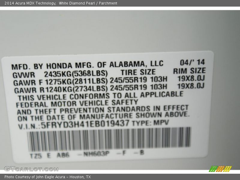 White Diamond Pearl / Parchment 2014 Acura MDX Technology