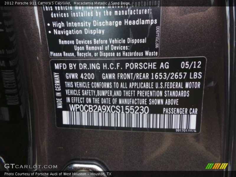 Info Tag of 2012 911 Carrera S Cabriolet