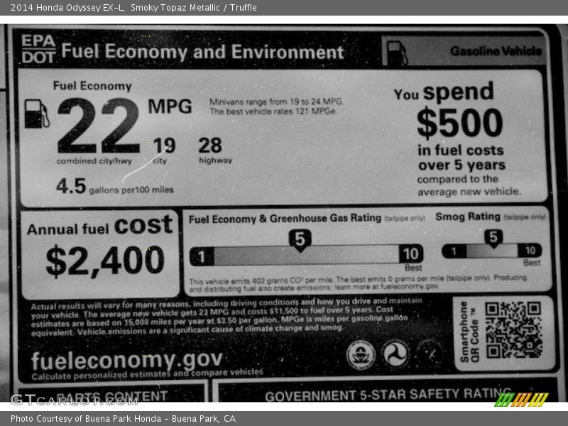 Smoky Topaz Metallic / Truffle 2014 Honda Odyssey EX-L