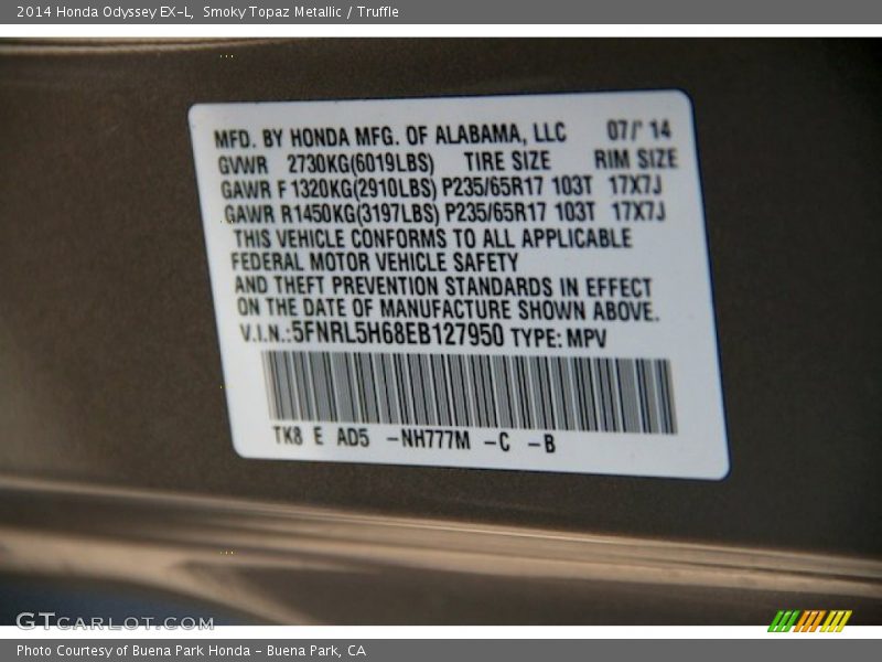 Smoky Topaz Metallic / Truffle 2014 Honda Odyssey EX-L