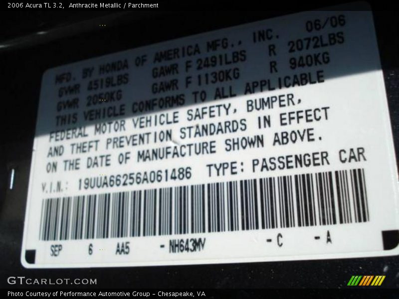 Anthracite Metallic / Parchment 2006 Acura TL 3.2