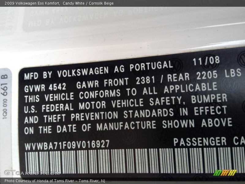 Candy White / Cornsilk Beige 2009 Volkswagen Eos Komfort
