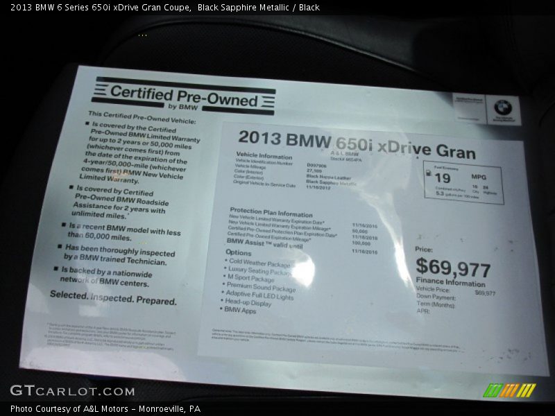  2013 6 Series 650i xDrive Gran Coupe Window Sticker