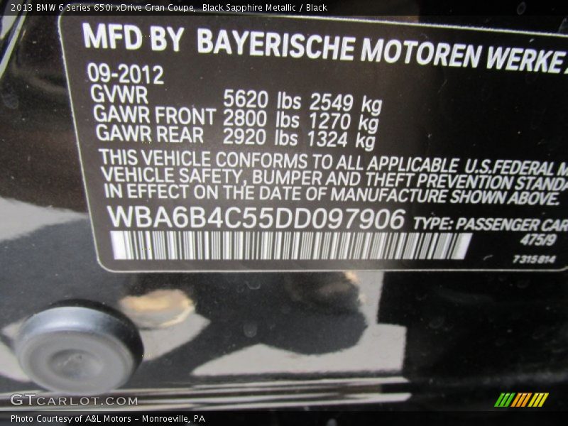 2013 6 Series 650i xDrive Gran Coupe Black Sapphire Metallic Color Code 475