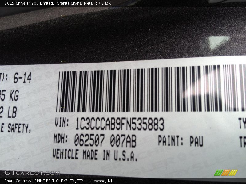 Granite Crystal Metallic / Black 2015 Chrysler 200 Limited