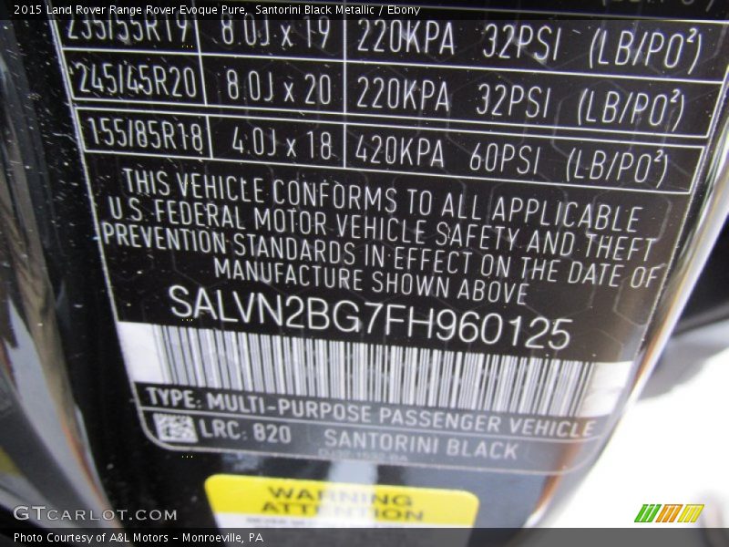 2015 Range Rover Evoque Pure Santorini Black Metallic Color Code 820